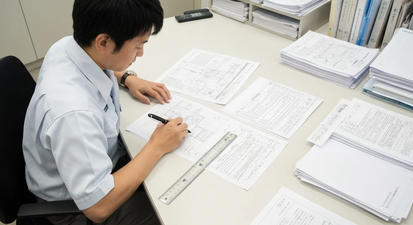 建物図面と申請資料を机上で照合しながら作成する様子